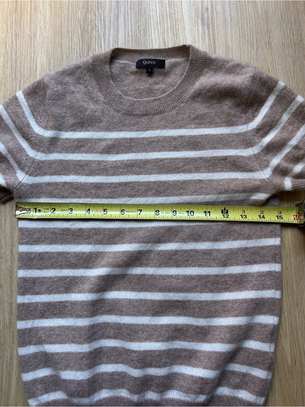 Quince Women’s Short Sleeve Stripe Cashmere Sweater - Light Brown/White - Picture 3 of 5